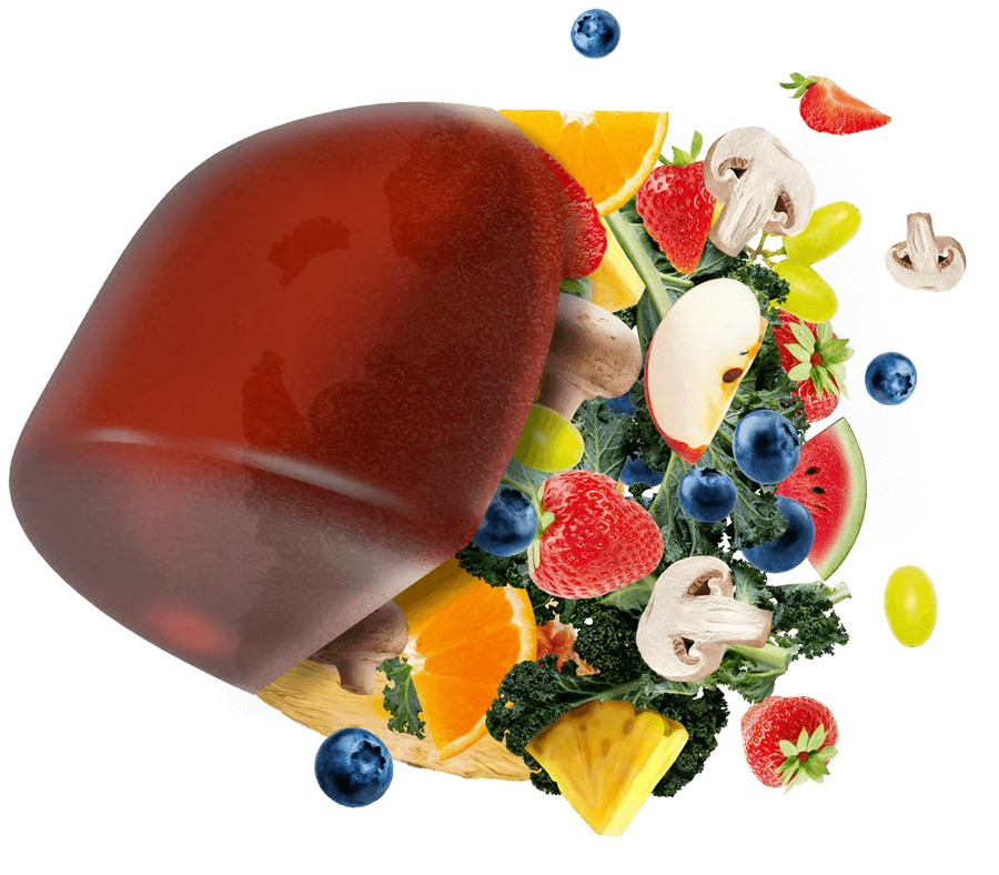An Awesome Everyday gummy bursting into fruit, kale and mushrooms