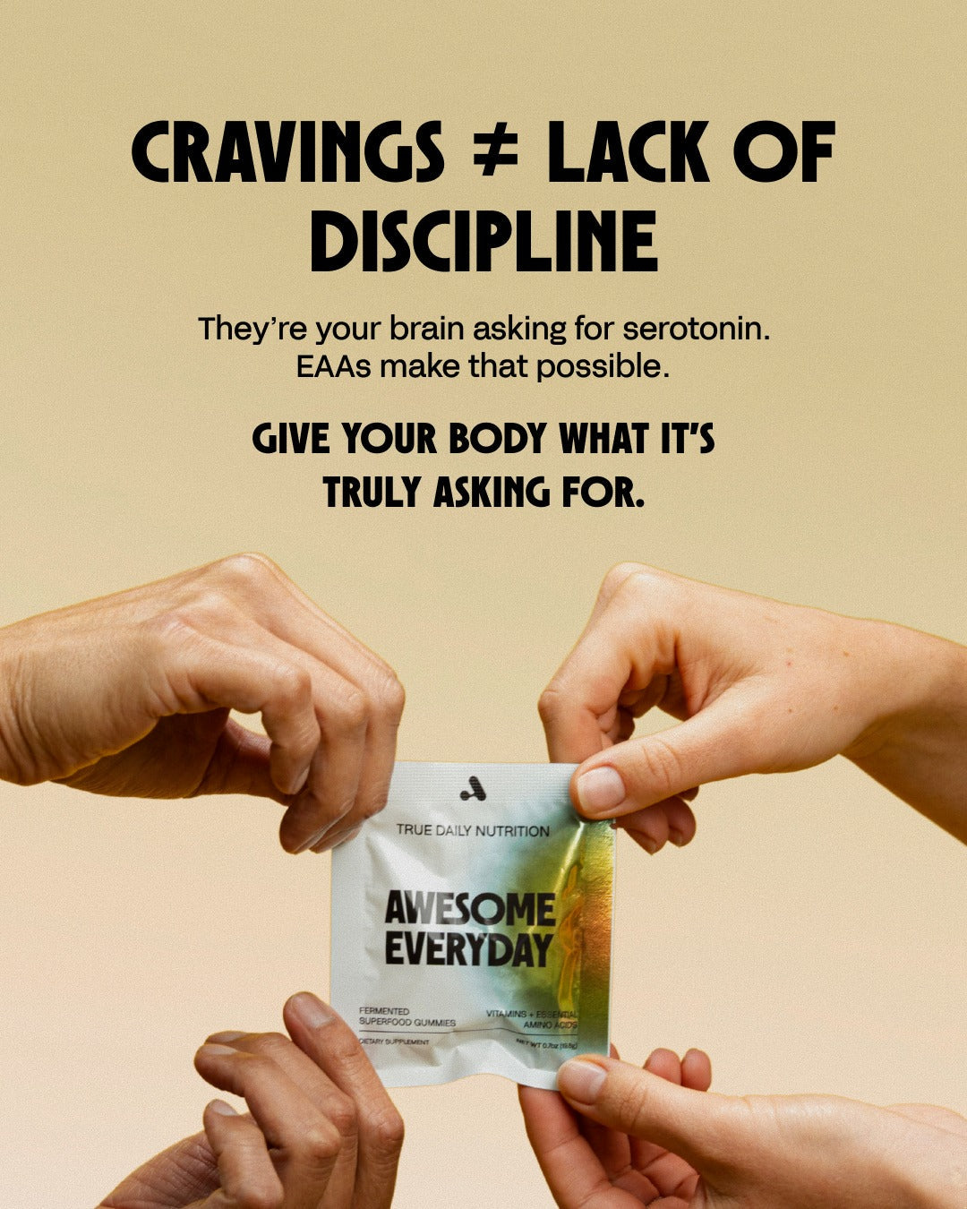 Four hands holding Awesome Everyday True Daily Nutrition gummies packet together