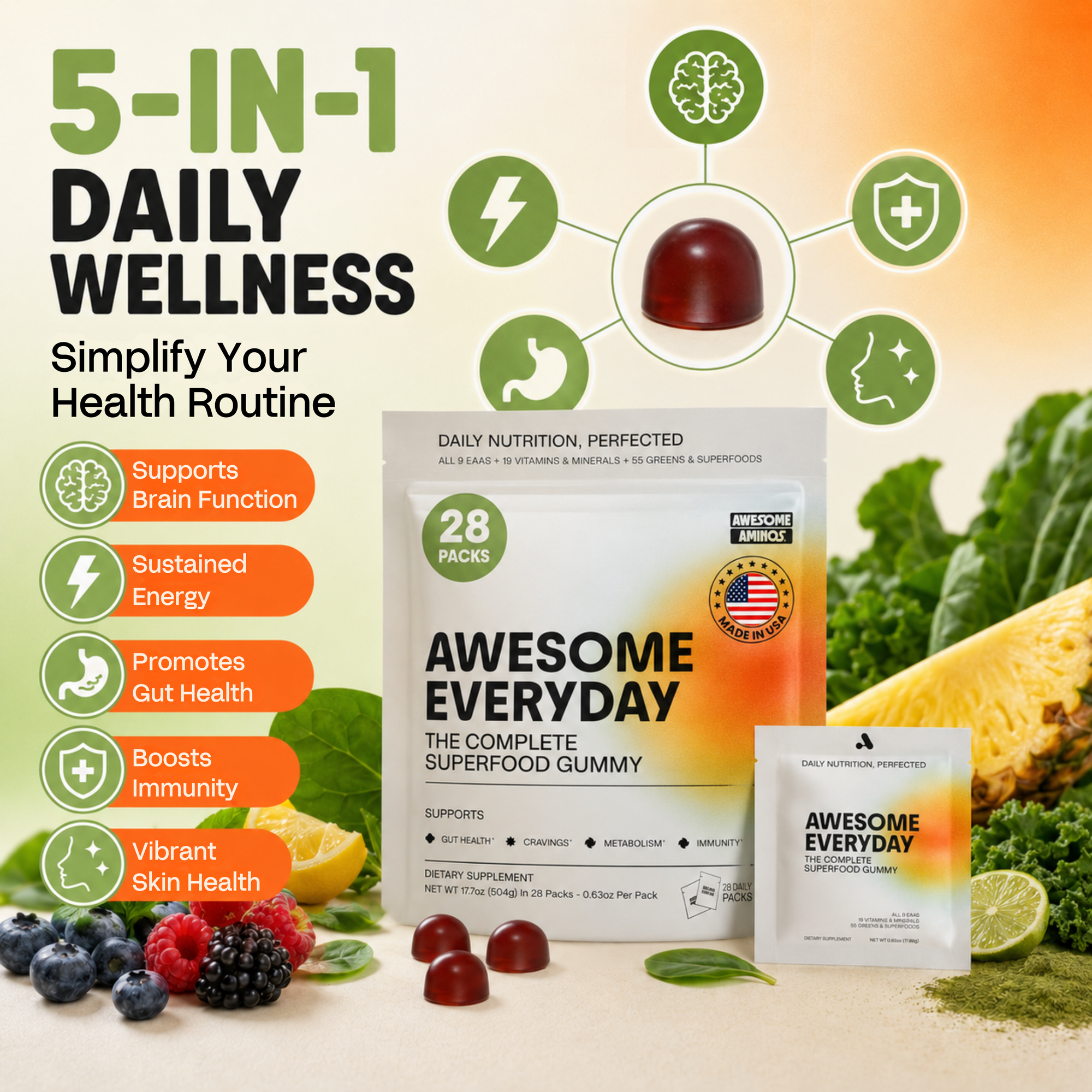 5-in-1 daily wellness: supports brain function, sustained energy, gut health, immunity and vibrant skin health in one daily gummy.