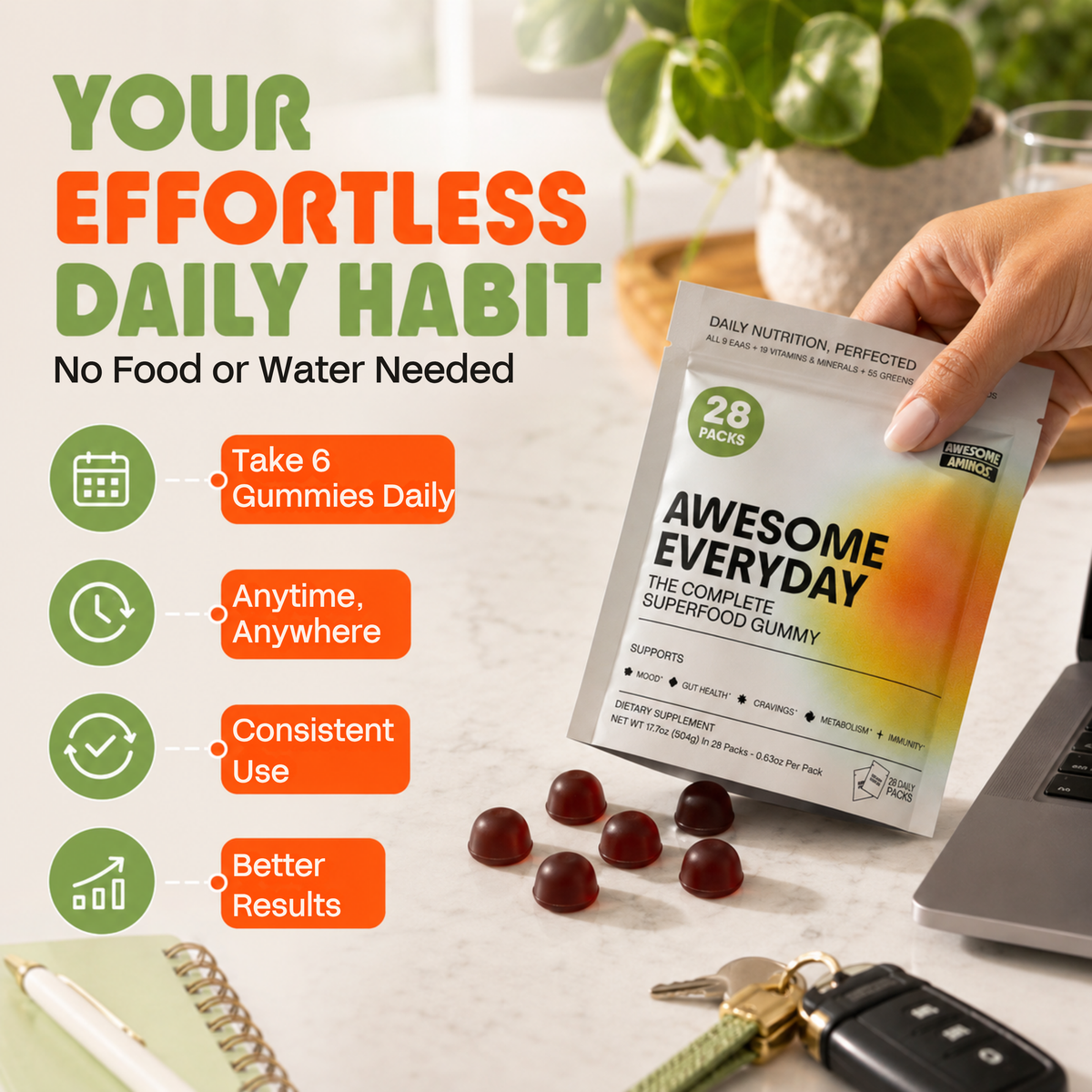 Your effortless daily habit: take 6 gummies daily, anytime and anywhere, with no food or water needed.