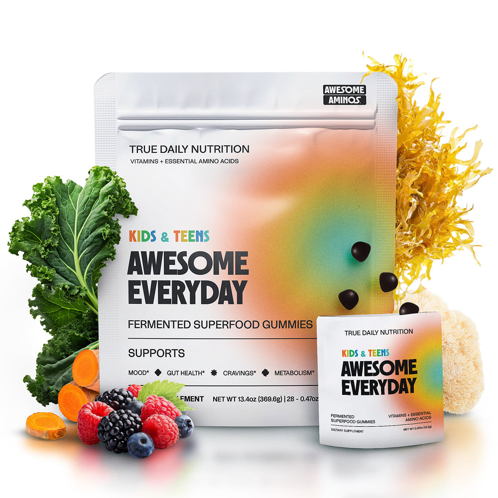 Awesome Everyday Kids gummies product image for kids and teens, clean daily nutrition gummy with essential amino acids and organic superfoods for focus, mood, and growing bodies.
