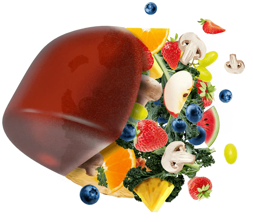 An Awesome Everyday gummy bursting into fruit, kale and mushrooms