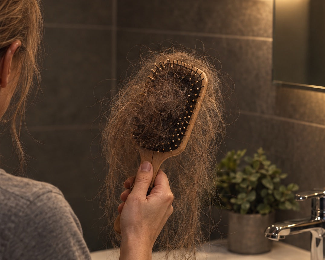 A woman holding a hairbrush full of shed hair in her bathroom